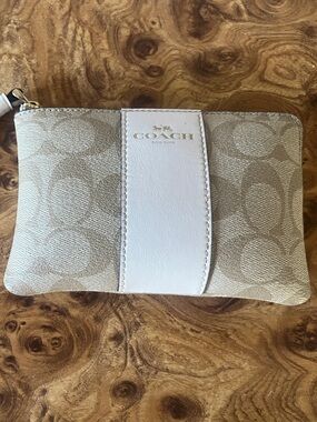 Coach Beige Signature Canvas Wristlet with White Leather Band and Strap